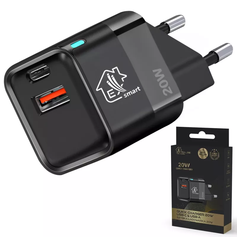 Extralink Smart Life Charger 20W, USB-C, USB-A, Biały