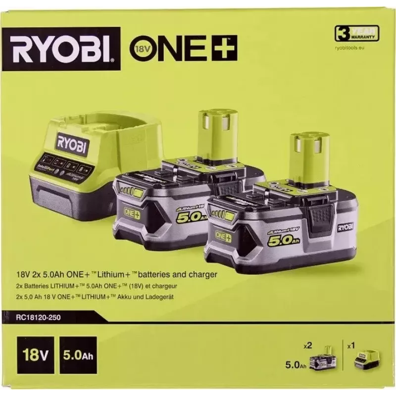 Zestaw akumulatorów RYOBI RC18120-250 2x 18V 5.0Ah Lithium+ z kompaktową ładowarką