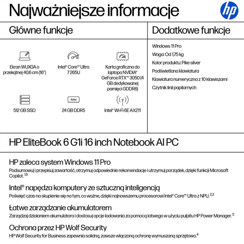 HP EliteBook 6 G1i 16 cali Ultra 7 265U 24GB DDR5 512GB SSD Windows 11 Pro Pike Silver Aluminium 3Y OnSite