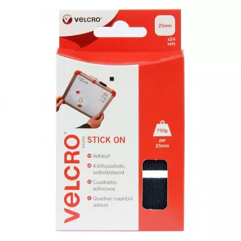 VELCRO Stick On Hook & Loop Squares 25mm x 25mm, Samoprzylepne, Czarny, 24 Zestawy (48 Sztuk)