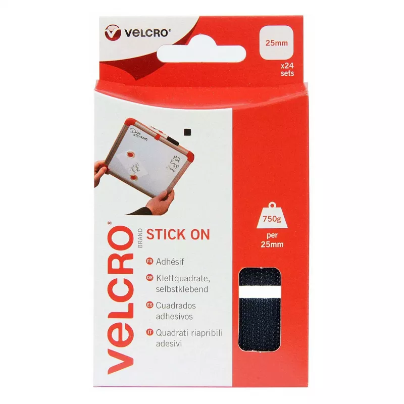 VELCRO Stick On Hook & Loop Squares 25mm x 25mm, Samoprzylepne, Czarny, 24 Zestawy (48 Sztuk)
