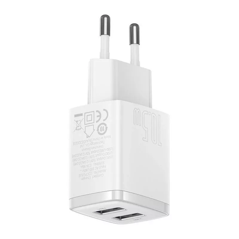 Baseus Compact Universal White AC Indoor Charger 10.5W 2 USB-A Ports