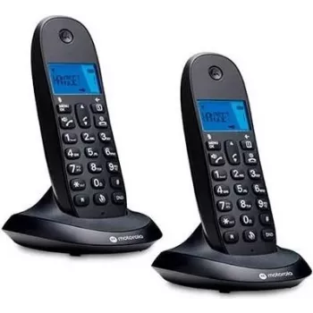 Motorola C1002CB+ DECT Telefon Bezprzewodowy z 2 Słuchawkami, Czarny, Podświetlany Ekran, Głośnomówiący, Książka Telefoniczna na 50 Wpisów