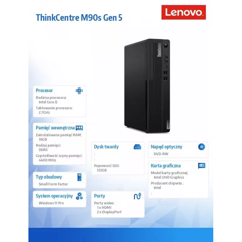 Lenovo ThinkCentre M90s Gen 5 SFF Desktop PC, Intel Core i5-14600, 16GB DDR5, 512GB SSD, DVD-RW, Wi-Fi, Bluetooth, Windows 11 Pro, Czarny, 3Y Onsite + 1Y Premier Support