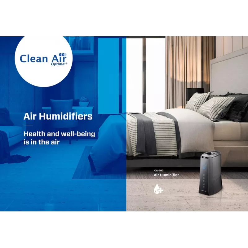 Clean Air Optima CA-603 Nawilżacz ultradźwiękowy z jonizatorem, 5,5L, zimna i ciepła mgiełka, do 60 m², panel dotykowy, pilot, aplikacja Wi-Fi