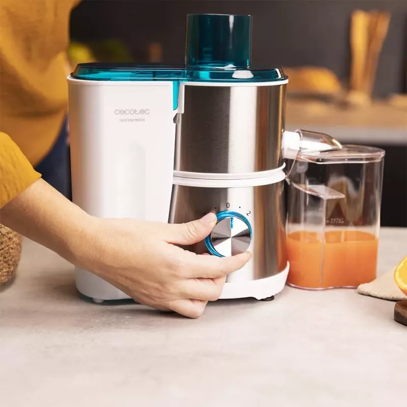 Cecotec Juice&Fresh 400 Titan White Wyciskarka Odśrodkowa, 400 W, 2 Prędkości, Filtr ze Stali Nierdzewnej, Pojemnik na Miąższ 1.2 L, Biały