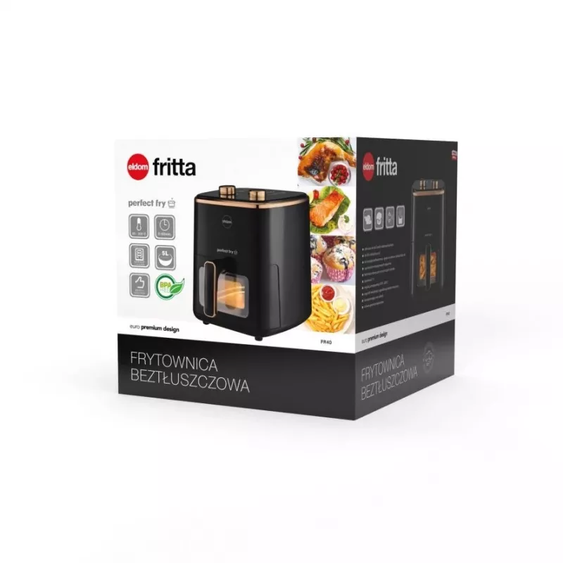 ELDOM FRITTA Frytkownica beztłuszczowa 5.0 L Regulacja temp. Timer 1500 W Pojedyncza 5 L Wolnostojąca Frytkownica na gorące powietrze Czarna