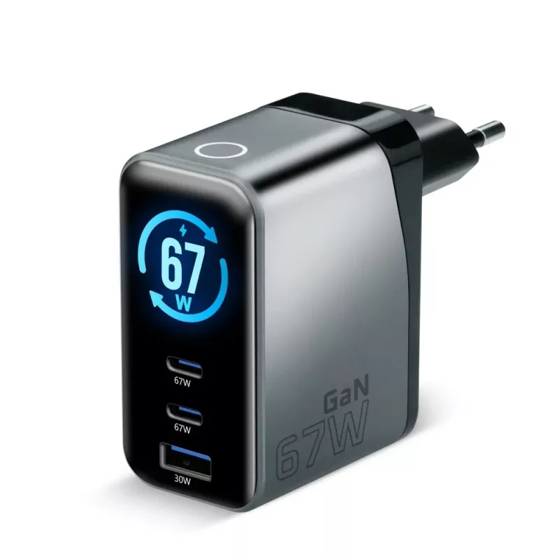 EVERACTIVE SC-670Q GaN 67W USB-C Charger z 2x USB-C i 1x USB-A, Quick Charge 4+, PD 3.0, Czarny