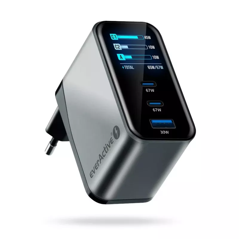 EVERACTIVE SC-670Q GaN 67W USB-C Charger z 2x USB-C i 1x USB-A, Quick Charge 4+, PD 3.0, Czarny