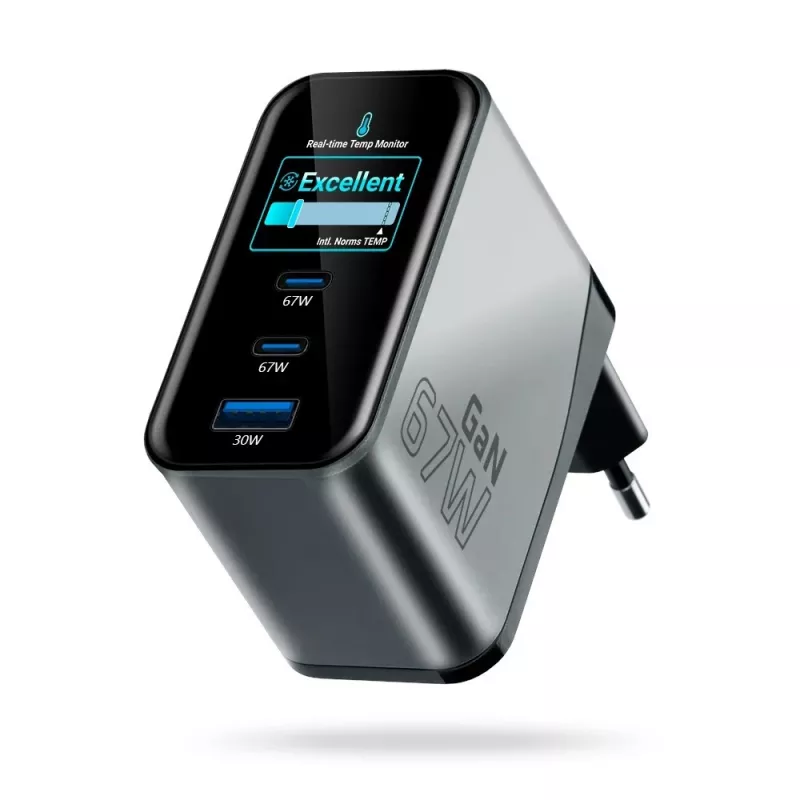 EVERACTIVE SC-670Q GaN 67W USB-C Charger z 2x USB-C i 1x USB-A, Quick Charge 4+, PD 3.0, Czarny