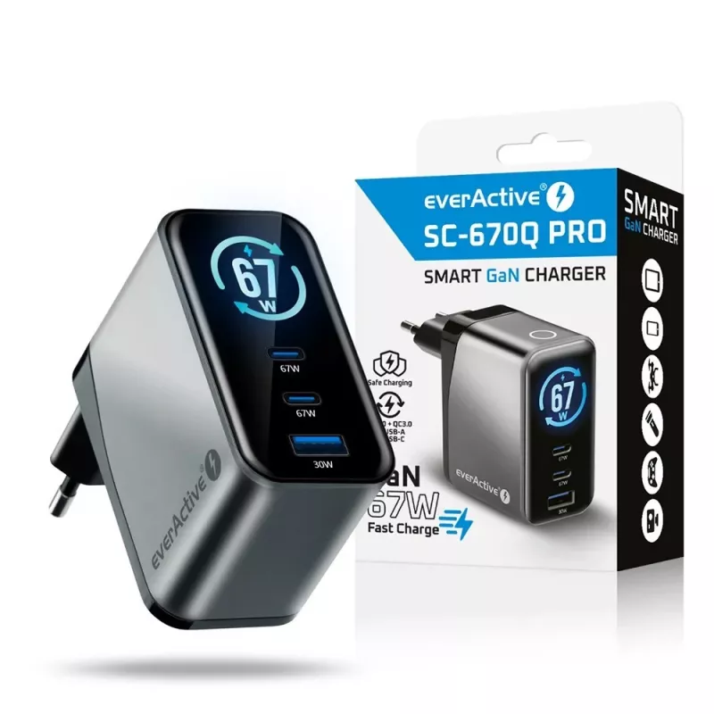 EVERACTIVE SC-670Q GaN 67W USB-C Charger z 2x USB-C i 1x USB-A, Quick Charge 4+, PD 3.0, Czarny