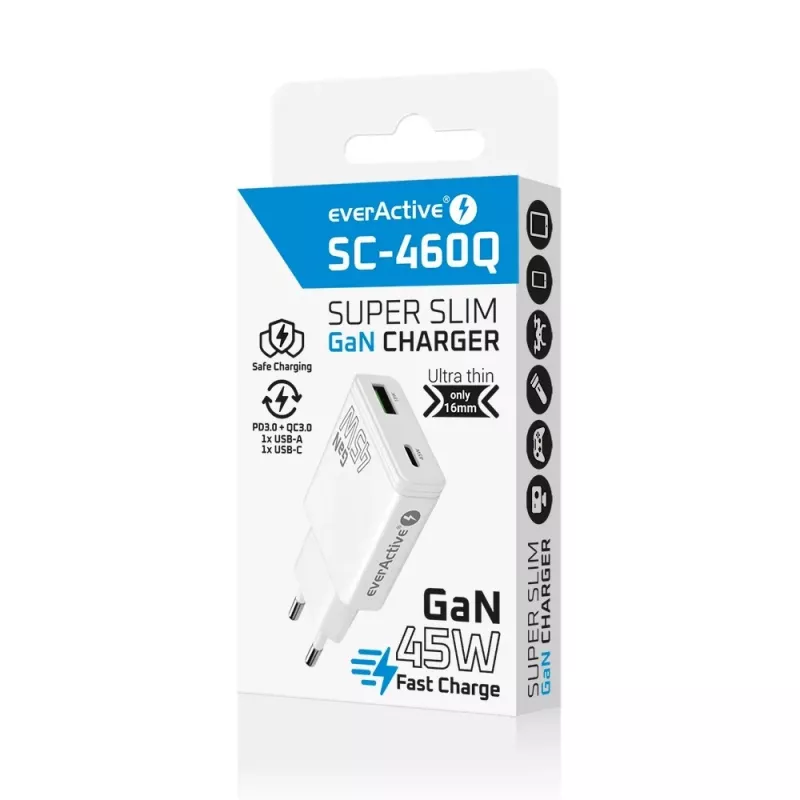EVERACTIVE GaN QC3.0 45W USB-C Ładowarka ścienna SC-460Q Biała