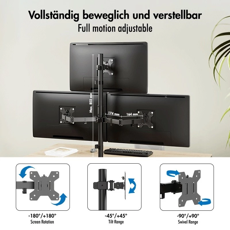 LOGILINK Potrójny uchwyt do monitorów 17-27 cali, 10 kg na ramię, czarny