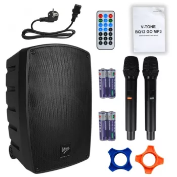V-TONE BQ12 GO MP3 Active 8 inch Battery-Powered Speaker with Wireless Microphone and Remote Control, Black