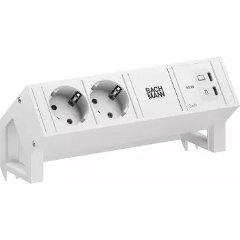 Bachmann DESK2 Pure White Moduł zasilania biurkowego z 2x gniazdami Schuko i 65W USB-C PD, kabel 0,2m, RAL 9010
