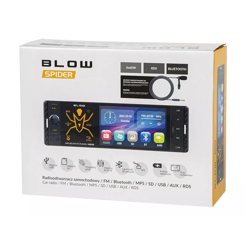 BLOW Spider 4CAL RDS RGB Radio Samochodowe z Bluetooth, USB, SD, AUX, Ekranem Dotykowym, Podświetleniem RGB, Pilotem, 1 DIN, 4x45W