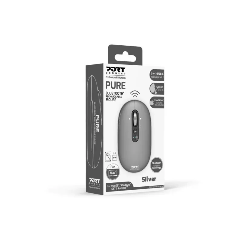 PORT Designs PORT Connect Professional PURE Bezprzewodowa Mysz Ładowalna - Optyczna - 4 Przyciski - 2,4 GHz, Bluetooth - Odbiornik USB - Czarny
