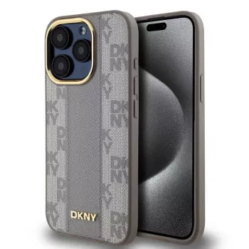 DKNY DKHMP15LPCPVSLE iPhone 15 Pro 6.1 Beige Hardcase Skórzany Wzorzysty Mono Checkered MagSafe