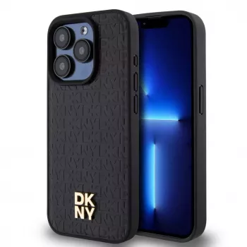 DKNY DKHMP15LPSHRPSK Hardcase do iPhone 15 Pro 6,1 inch Czarny Wzór Skóry Monogram Metalowe Logo MagSafe