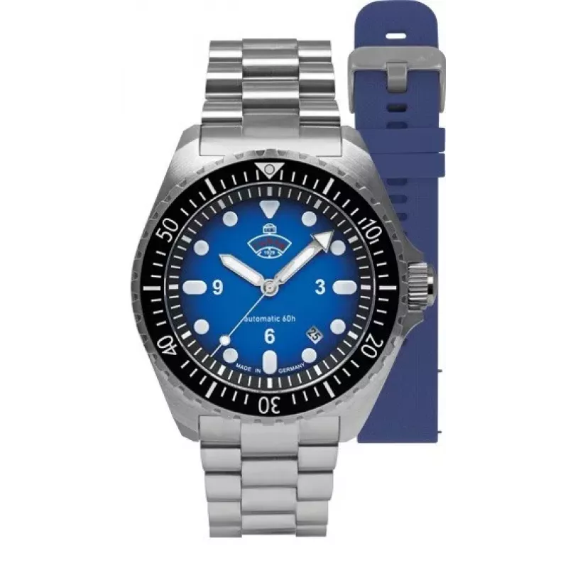 Ruhla 1929 NVA Kommando 4960M-3 SET Zegarek Automatyczny 40mm Czarna Tarcza Skórzany i NATO Pasek