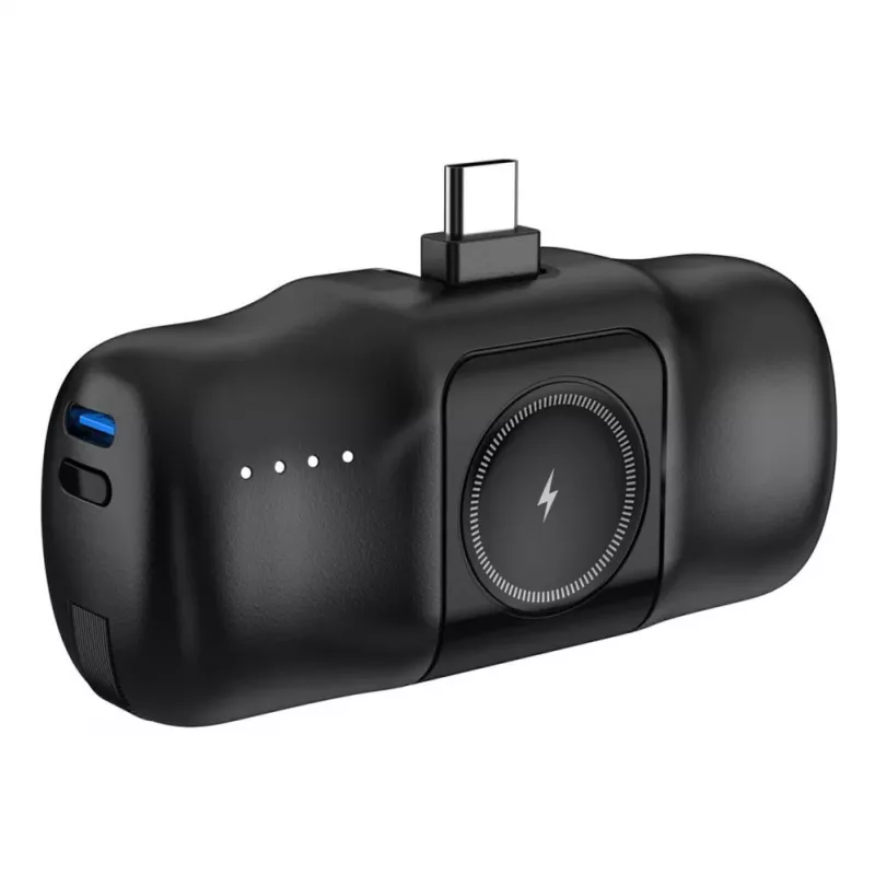 Mini Power Bank Wozinsky WF16-YCS 5000mAh 15W USB-C z wbudowanym kablem USB-C i ładowarką Apple Watch - Czarny