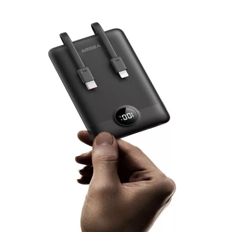 VEGER Powerbank C11 (W1170) PD QC3.0 22.5W 10000 mAh z wbudowanymi kablami USB-C i Lightning, czarny