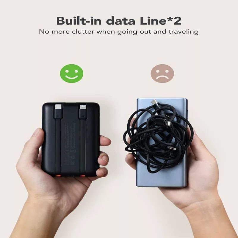 VEGER Powerbank C11 (W1170) PD QC3.0 22.5W 10000 mAh z wbudowanymi kablami USB-C i Lightning, czarny