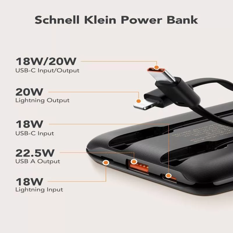 VEGER Powerbank C11 (W1170) PD QC3.0 22.5W 10000 mAh z wbudowanymi kablami USB-C i Lightning, czarny