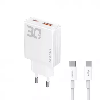 Dudao A30EU GaN 30W USB-C USB-A Ładowarka ścienna z przewodem USB-C na USB-C 1m Biały