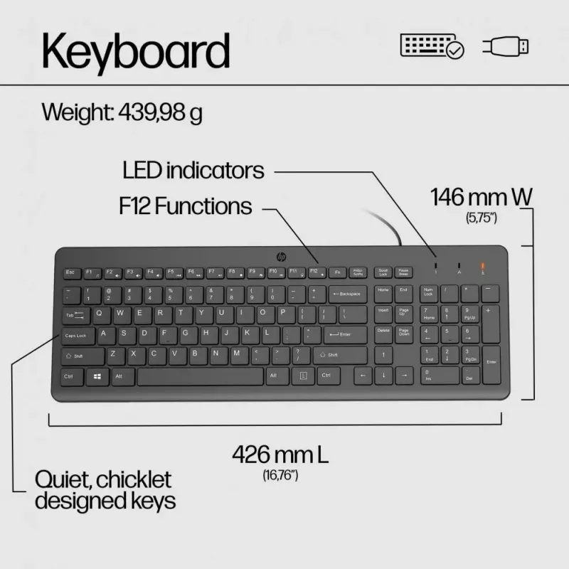 HP 150 Wired Mouse and Keyboard Combo - Czarny - QWERTY English US Layout