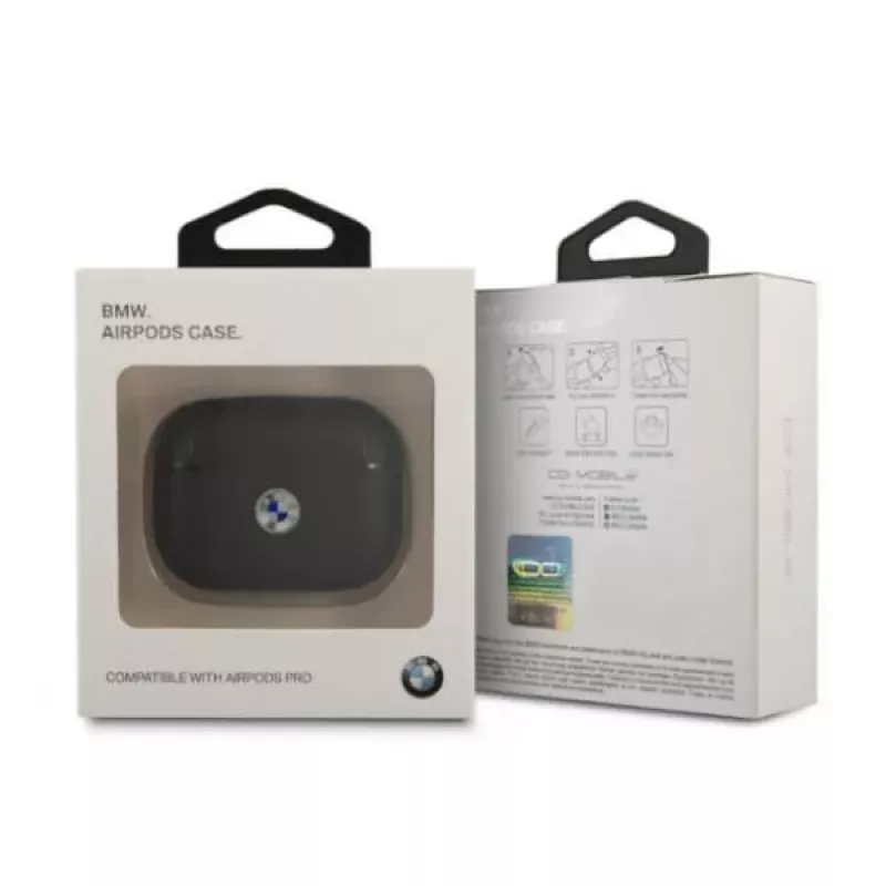 Etui BMW AirPods Pro ze skóry naturalnej srebrne logo czarne