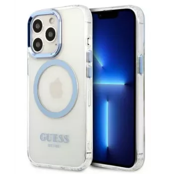 Guess Apple iPhone 13 Pro Max 6.7 cala Twarde Etui Metal Outline Magsafe Przezroczysty Niebieski