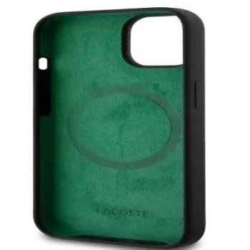 Lacoste Apple iPhone 15 6.1 inch Liquid Silicone Microfiber Croc Logo Magsafe Back Cover Black