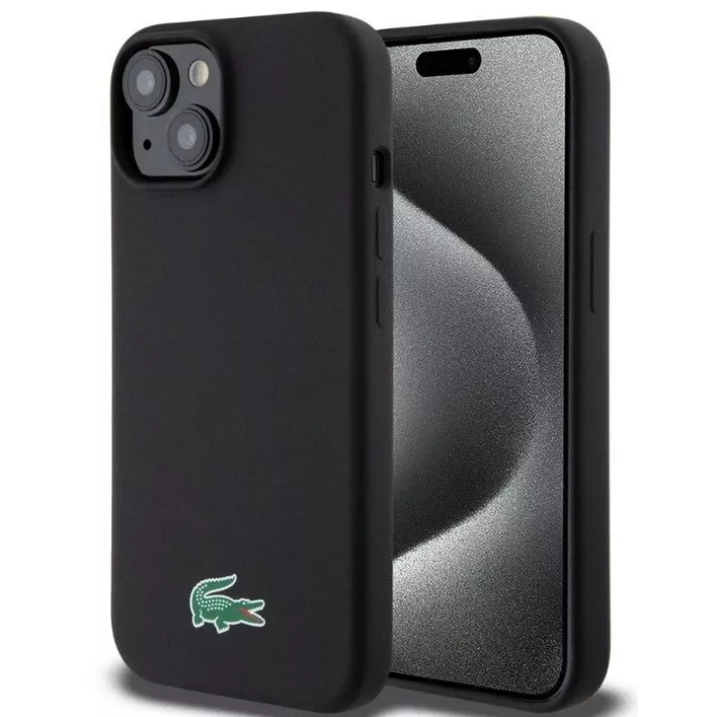 Lacoste Apple iPhone 15 6.1 inch Liquid Silicone Microfiber Croc Logo Magsafe Back Cover Black