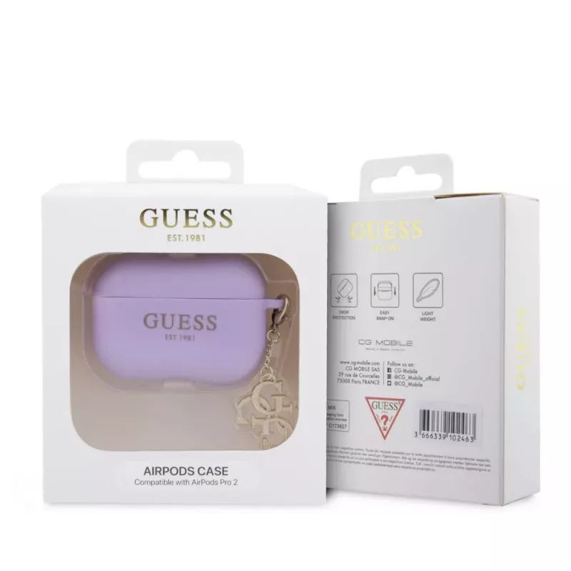 Guess Apple AirPods Pro 2 Etui Silikonowe Classic Logo Gold z Zawieszką 4G Fioletowy