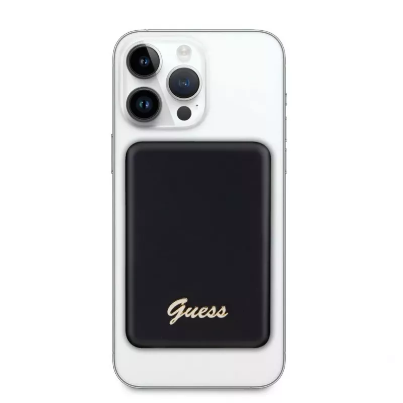 Guess Power Bank 5000mAh 15W MagSafe i ładowanie standardowe z metalowym logo w kolorze czarnym