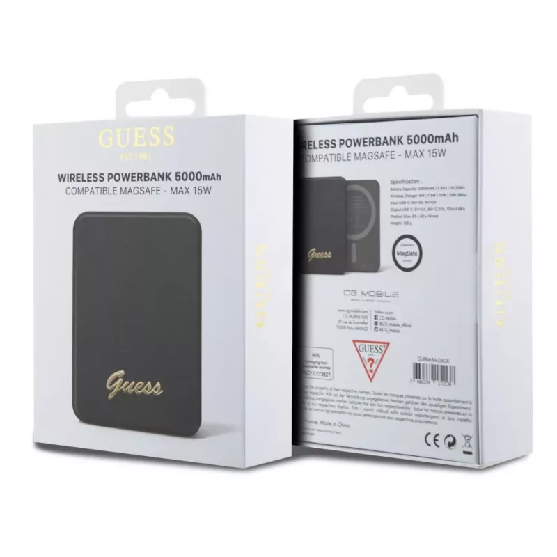 Guess Power Bank 5000mAh 15W MagSafe i ładowanie standardowe z metalowym logo w kolorze czarnym