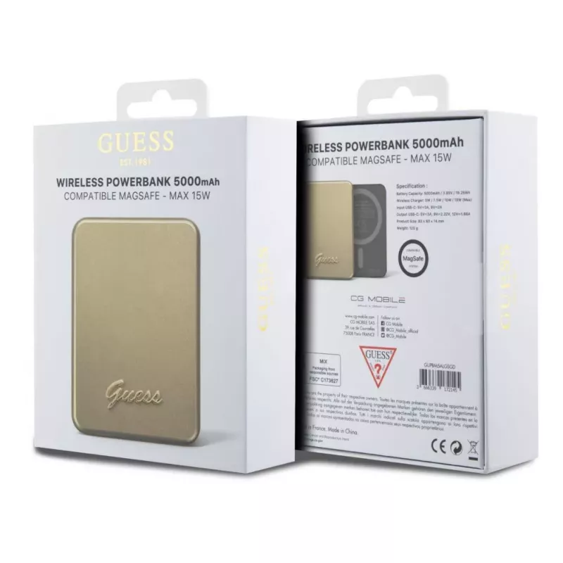 Guess Power Bank 5000mAh 15W MagSafe i ładowanie standardowe z metalowym logo Script Gold