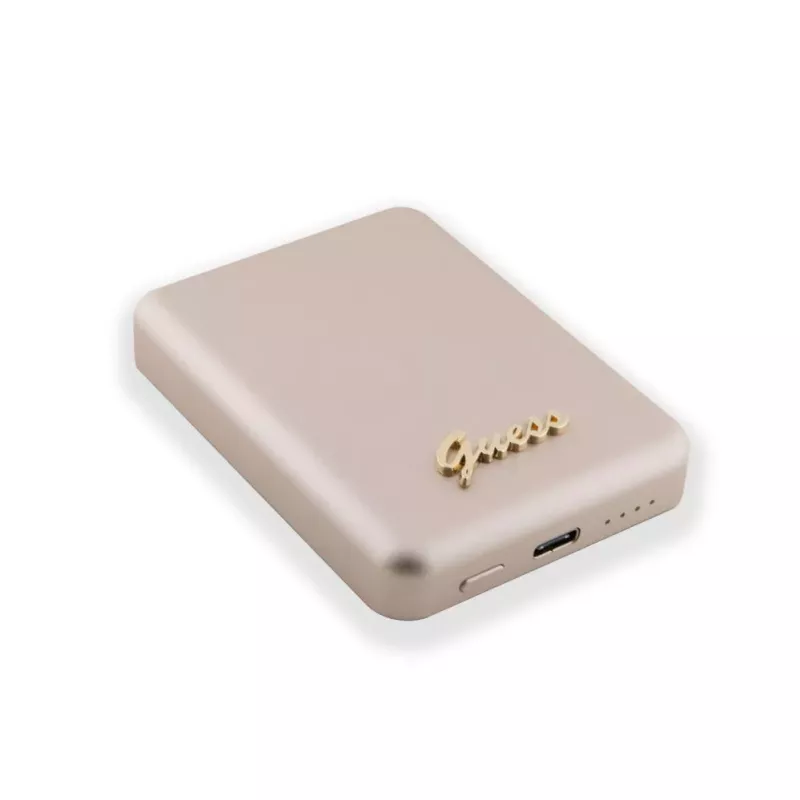 Guess Power Bank 5000mAh 15W MagSafe i ładowanie standardowe z metalowym logo Script Gold