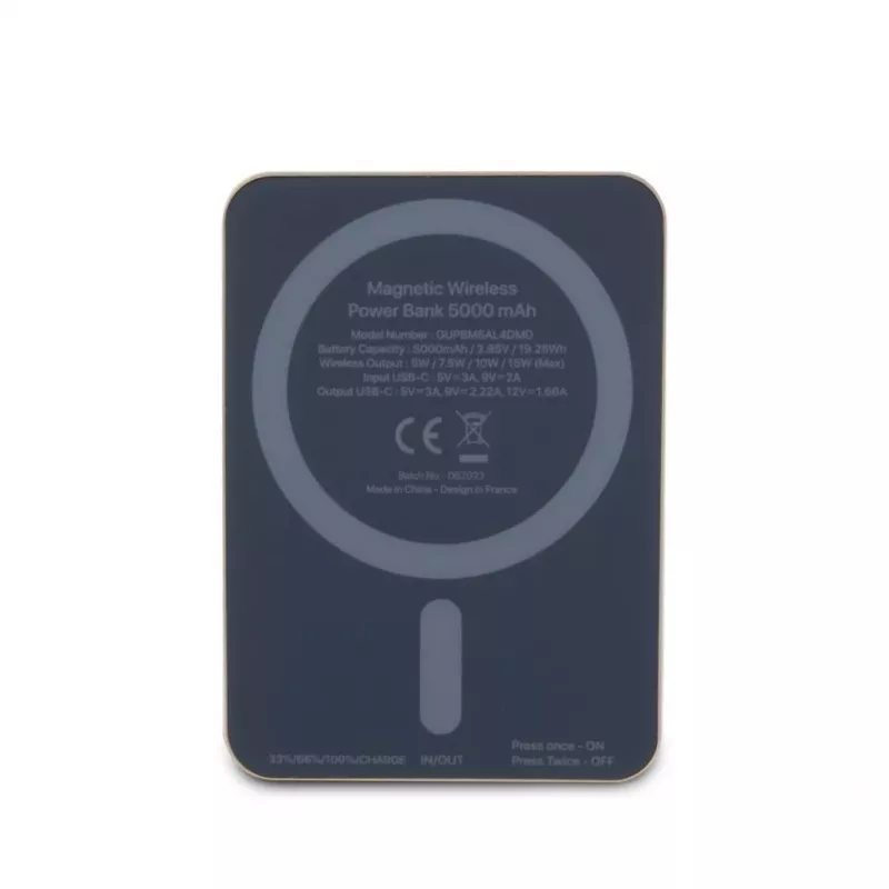 Guess Power Bank 5000mAh 15W MagSafe i ładowanie standardowe z metalowym logo Script Gold