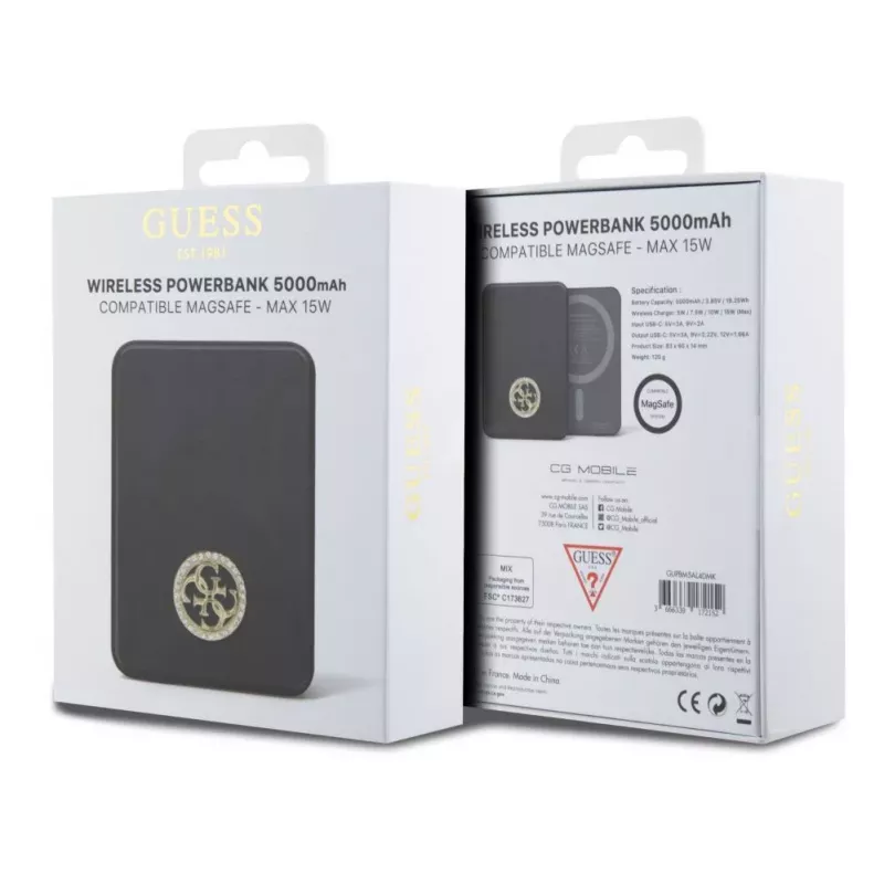 Guess Power Bank 5000mAh 15W MagSafe i ładowanie standardowe z logo Strassed 4G Czarny
