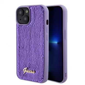 Guess Sequin Script Logo Case do iPhone 15 Fioletowy