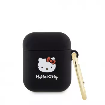 Etui Hello Kitty z płynnego silikonu z trójwymiarowym logo główki Kitty dla AirPods 1/2 Czarny