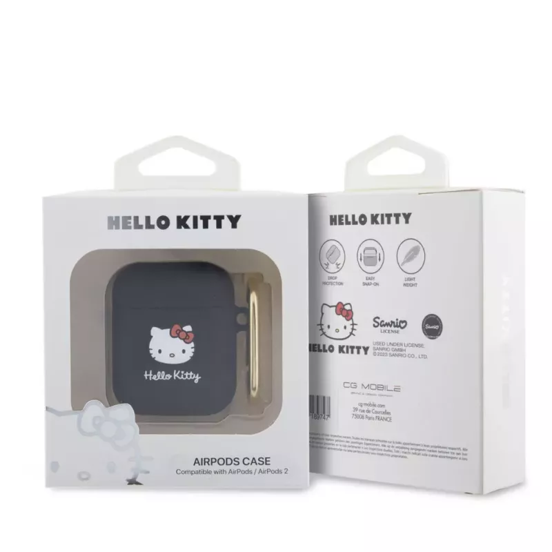 Etui Hello Kitty z płynnego silikonu z trójwymiarowym logo główki Kitty dla AirPods 1/2 Czarny
