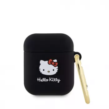 Etui Hello Kitty z płynnego silikonu z trójwymiarowym logo główki Kitty dla AirPods 1/2 Czarny