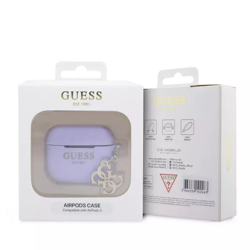 Guess Etui Silikonowe AirPods 3 Classic Logo Gold z Zawieszką 4G Fioletowy