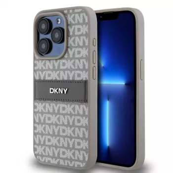 Etui DKNY PU Skóra Powtarzalny Wzór Paski Tonalne dla iPhone 15 Pro Beżowy