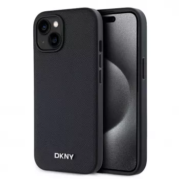 Etui DKNY PU Leather Silver Metal Logo Magsafe na iPhone 15 Czarny