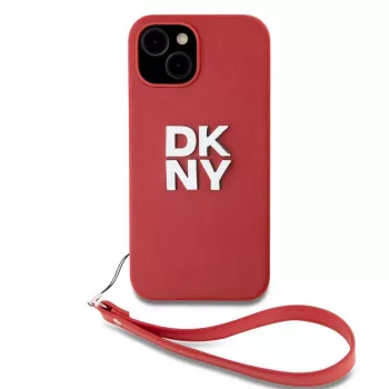 DKNY PU Leather Stack Logo Wrist Strap Case for iPhone 15 Red