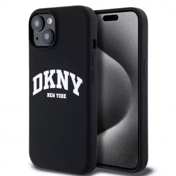 DKNY Apple iPhone 15 Hardcase Liquid Silicone White Printed Logo MagSafe Black